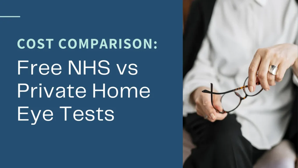 Image Type: Thumbnail or title slide for informational content. Content Focus: A cost comparison between two types of eye examination services. Visual Breakdown: Layout and Composition (Split Screen): The image is divided into two distinct sections. Left Section (Dominant - approx. 2/3): A solid field of dark teal or navy blue color. This area contains the primary text. Right Section (Contextual - approx. 1/3): A softly focused photograph providing visual context. Textual Elements (Left Side): All text is rendered in a clean, white, sans-serif font. Header: "COST COMPARISON:" (Smaller, uppercase, and slightly lighter or less prominent than the main title). Main Title: "Free NHS vs Private Home Eye Tests" (Large, multi-line text, clearly identifying the content's subject). Graphic Element: A small, simple, light teal horizontal line is placed near the top-left corner above the text area. Photographic Elements (Right Side): A close-up, shallow-depth-of-field shot focusing on a person's hands. Subject: The hands of an adult, possibly older, resting near their lap. Attire: The person is wearing a crisp, white shirt or blouse contrasted with dark trousers or a suit jacket (visible as a dark area behind the right arm). Object: They are holding a pair of modern reading or prescription glasses. The glasses have dark, possibly tortoiseshell, rims and are held by the temples and bridge, with the lenses facing down. Accessory: A prominent, wide silver ring with a large dark or reflective stone is worn on the middle or index finger of the hand nearest the center. Background: The background is indistinctly blurred, creating a focus on the hands and the glasses, suggesting a professional or contemplative setting. Overall Meaning: This image serves as a professional cover image for a discussion or article contrasting the costs and accessibility of eye tests provided by the UK's National Health Service (NHS) versus private services delivered in a patient's home. The photo visually symbolizes the act of receiving eye care. Alt Text Summary: "Thumbnail image titled 'COST COMPARISON: Free NHS vs Private Home Eye Tests' on a dark blue background. To the right, a close-up photo shows a person wearing a white shirt holding a pair of dark-rimmed glasses."