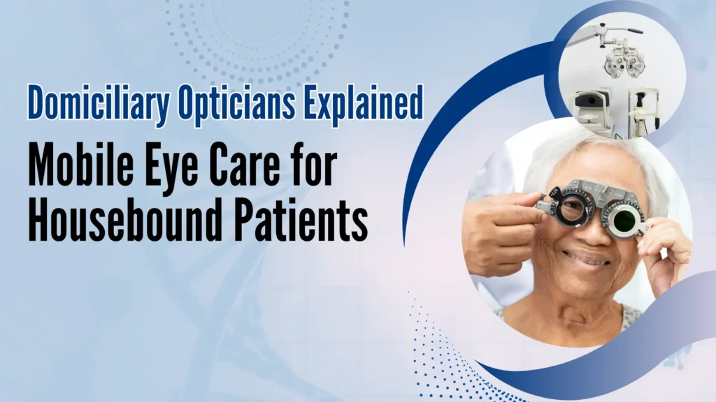 A digital graphic titled "Domiciliary Opticians Explained Mobile Eye Care for Housebound Patients" features a clean, blue-and-white abstract background with faint, circular scientific-style patterns. Visual Elements: Text Overlay: In the top left, the text "Domiciliary Opticians Explained" is rendered in a blue, slightly stylized font. Below it, the text "Mobile Eye Care for Housebound Patients" is prominent in a larger, bold black font. Circular Graphic Element (Right): A large, sweeping dark blue arc and several smaller blue dotted arcs frame and highlight two circular inset images on the right side of the graphic. Main Inset Image (Lower, Larger Circle): This photo shows an elderly, smiling Asian woman with white hair sitting up while having her eyes examined. She is looking directly at the viewer and is wearing a trial frame (a manual piece of ophthalmic equipment used to hold test lenses) with green lens filters inserted, indicating an active eye examination is taking place. A white-coated person's hand (likely the optician) is adjusting the trial frame. This image clearly represents the 'mobile eye care' service in action. Secondary Inset Image (Upper, Smaller Circle): This photo displays typical optometry equipment, specifically a phoropter (a device used during an eye exam to measure refractive error) mounted on a stand, often seen in a traditional eye clinic. This equipment suggests that comprehensive exams are performed even with the mobile service. Context: The graphic serves as a thumbnail, visually conveying the topic of mobile or at-home eye care services specifically designed for individuals who cannot leave their homes to visit a traditional optician. It emphasizes both the personal interaction and the professional equipment used in domiciliary eye exams.