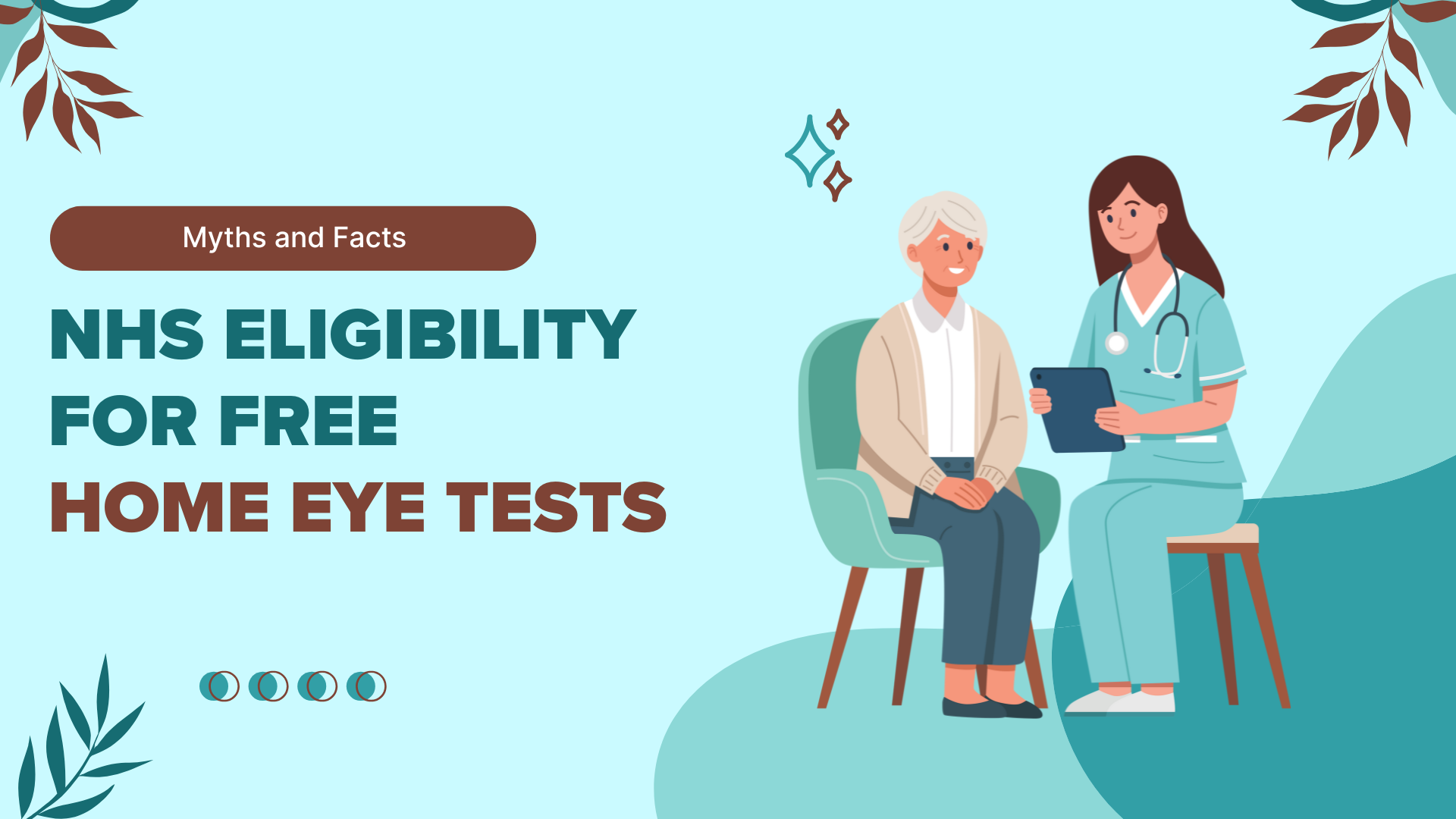 A promotional thumbnail image titled "NHS Eligibility for Free Home Eye Tests: Myths and Facts," featuring a warm, illustrated scene of healthcare interaction.The central graphic is a full-color, digitally illustrated scene set against a light teal/mint green background, framed at the top with stylized, dark maroon foliage elements.Text Elements:A dark maroon rectangular box in the upper-left corner contains the white text: "Myths and Facts".The primary, dominant text is in the center-left in a large, bold, sans-serif font (likely white): "NHS ELIGIBILITY FOR FREE HOME EYE TESTS". The title uses a strong visual hierarchy.Below the main title, there are four small, stylized circles, three filled with teal and one with dark maroon, possibly indicating steps or a progress bar.Illustrated Scene:On the right, a female healthcare professional (likely an optician or nurse) stands or sits on a stool, leaning slightly toward the patient. She has long dark brown hair, is wearing light blue scrubs, a white doctor's coat/lab coat with a stethoscope around her neck, and is smiling warmly. She is holding a tablet or clipboard in her hands.Seated on the left in a modern, teal-colored armchair is an elderly male patient. He has white hair, fair skin, and is wearing a light beige or cream-colored cardigan over a white shirt. He is smiling and looking toward the healthcare worker.The two figures are positioned to suggest a caring and professional consultation.Above and between their heads, there are two small, stylized, bright gold/yellow sparkle icons ($(\ast)$ $\ast$).The overall color palette is dominated by teal, mint green, maroon, and cream/beige, giving the image a clean, friendly, and approachable professional look, typical of health-related marketing materials.Purpose:The image is clearly designed as a thumbnail to promote video or article content about who qualifies for free National Health Service (NHS) eye examinations delivered in a home setting, aiming to debunk common misconceptions.