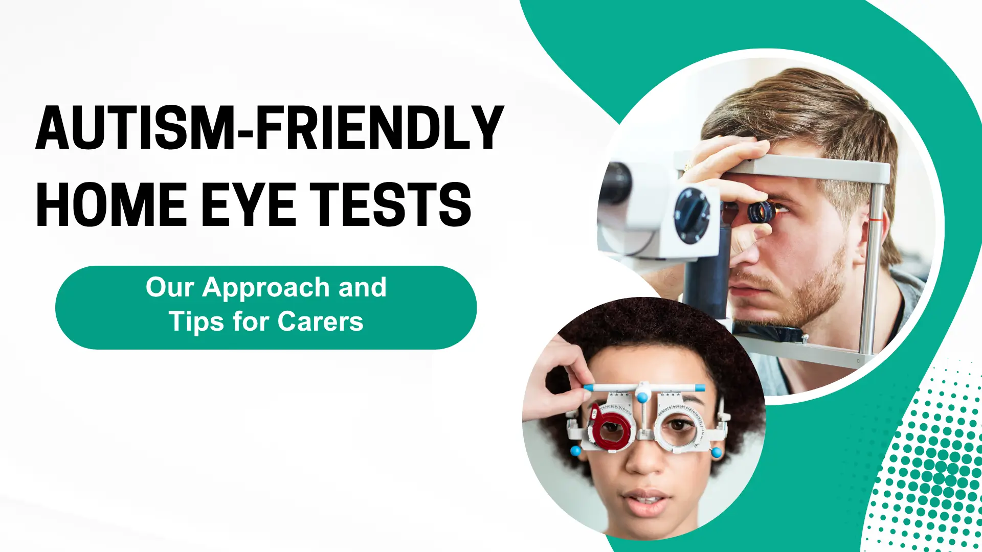 A digital graphic promoting eye care for senior residents is dominated by a close-up image on the left and textual content on the right, set against a solid white background. Visual Elements (Left Side): Subject: The left half of the image is a close-up shot focusing on the face of a medical professional (likely an optometrist, nurse, or care home worker). Protective Wear: The individual is wearing a light blue surgical cap (bouffant cap) pulled down to cover the hair and a white medical face mask that covers the nose and mouth. Focus: Only the upper half of the face is clearly visible, emphasizing a focused, professional eye. Text Overlay (Right Side): Headline (Top): The text "EYE TESTS FOR THE ELDERLY" is rendered in large, bold black uppercase letters. Sub-Headline (Bottom): The text "Ensuring Vision Health in Care Homes." is rendered in a dark teal/cyan color. Divider: Below the sub-headline is a short, thick teal horizontal bar connected to a thin teal line extending further to the right, serving as a stylistic visual divider. Context: The graphic serves as a thumbnail, visually linking the professional, hygienic aspect of medical care (via the PPE) with the specific focus of the text: performing eye examinations for elderly residents within a care home setting. The clean, simple design and strong contrast ensure the message is immediately clear.