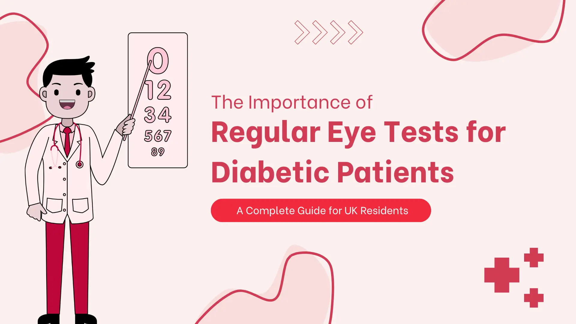 A digital banner with a light pink background and a health theme, emphasizing the necessity of eye care for diabetics. On the left, a cartoon illustration of a male doctor with dark hair is shown wearing a white lab coat, a red tie, and a stethoscope around his neck. He is smiling and pointing with his right hand at a stylized, white Snellen-type eye chart positioned next to him. The chart contains large black numbers arranged in lines of decreasing size, including 0, 12, 34, 567, and 89. To the right of the illustration, the main title is centered: "The Importance of Regular Eye Tests for Diabetic Patients". The key phrase "Regular Eye Tests for Diabetic Patients" is bolded and rendered in a large, dark red font, while the rest of the title is in a smaller, dark gray font. Below the title, a red rectangular button or subtitle box contains the secondary text: "A Complete Guide for UK Residents" in white font. The background is decorated with minimalist, thin red line illustrations: four outward-pointing arrows in the upper right, several amoeba-like organic shapes outlining the edges, and a pair of red plus-sign/cross icons, typical of medical branding, in the bottom right corner. The overall aesthetic is professional, informative, and visually engaging.